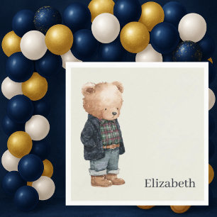Custom Name Teddy Bear Boy Baby Shower Napkin