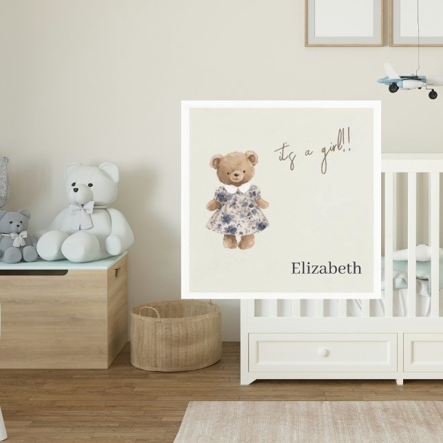 Custom Name Teddy Bear It's a Girl Baby Shower Napkin (Creator Uploaded)