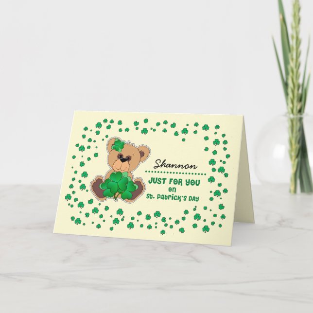 Custom Name Teddy Bear St. Patrick's Day Card (Front)