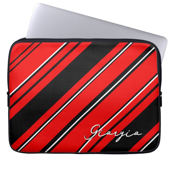 Custom Name Template, Black, Red And White Striped Laptop Sleeve (Front)