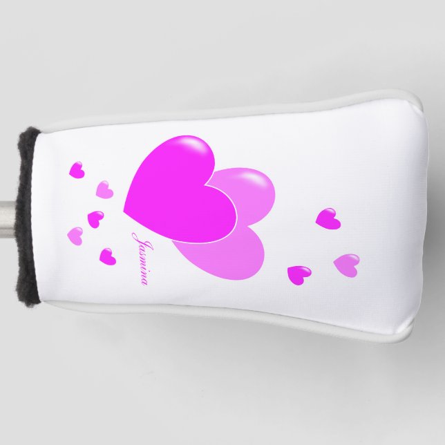 Custom Name Template Feminine Pink Hearts On White Golf Head Cover (Front)