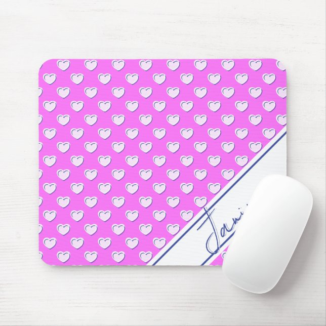 Custom Name Template Pink And White Cute Hearts Mouse Mat (With Mouse)