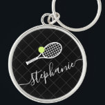 Custom Name Tennis Ball Racket Monogram Key Ring<br><div class="desc">Black and white personalised keychain with a tennis racket monogram in an elegant and cute calligraphy script font with a subtle net pattern background.</div>