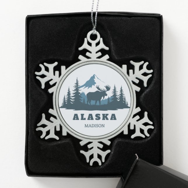 Custom Name & Text ALASKA Snowflake Pewter Christmas Ornament (Box)