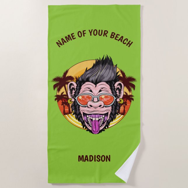 Custom name, text & colour Beach Monkey Towel (Front)