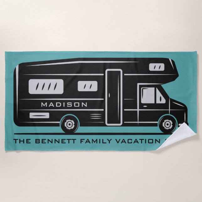 Custom name, text & colour Camper Van beach towel (Front)