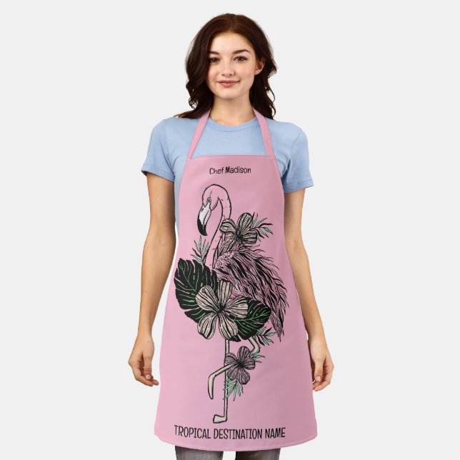 Custom Name, Text & Colour Pink Flamingo Apron (Worn)
