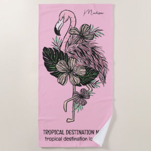 Custom Name, Text & Colour Pink Flamingo Beach Towel