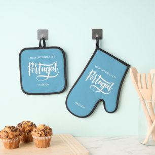Custom Name, Text & Colour Portugal Oven Mitt & Pot Holder Set