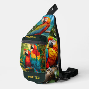 Custom Name & Text Colourful Parrots Sling Bag