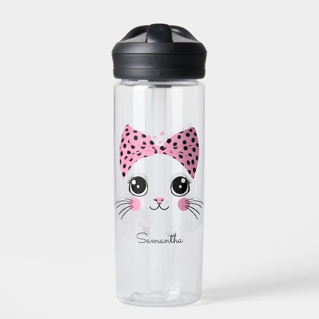 Custom Name & Text Cute Cat Face Water Bottle (Front)