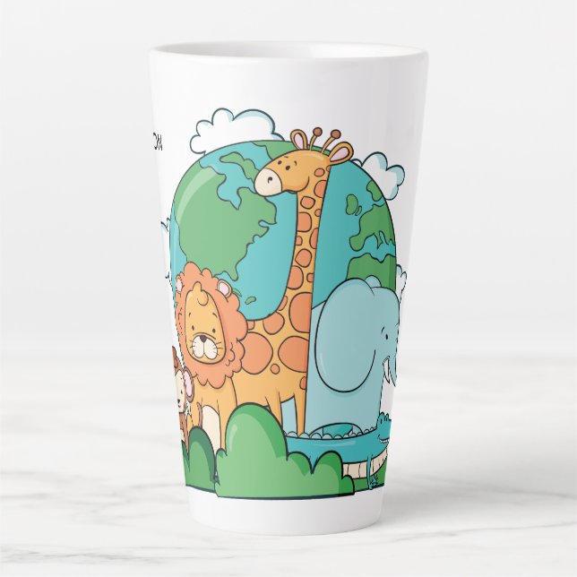 Custom Name & Text Earth with Animals Latte Mug (Front)