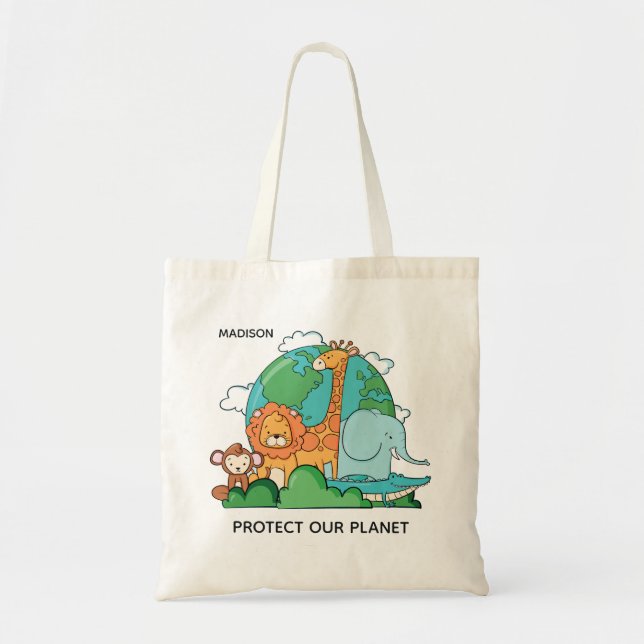 Custom Name & Text Earth with Animals Tote Bag (Front)