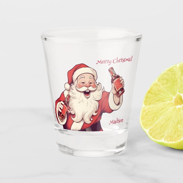 Custom Name & Text Funny Drunk Santa Shot Glass (Front)