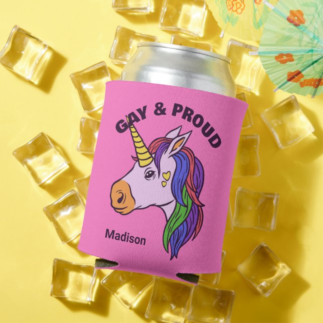 Custom Name & Text Gay Unicorn Can Cooler (In Situ Summer)