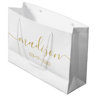Custom Name Text Girly Feminine Gold Script White Large Gift Bag