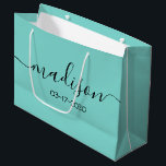Custom Name Text Girly Feminine Teal Turquoise Large Gift Bag<br><div class="desc">Personalised Girly Chic Feminine Teal Blue Green Turquoise Script Gift Bag
Customised gift bags for your event! A perfect touch to your wedding,  reception,  shower,  party or event.</div>