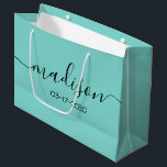 Custom Name Text Girly Feminine Teal Turquoise Large Gift Bag<br><div class="desc">Personalised Girly Chic Feminine Teal Blue Green Turquoise Script Gift Bag
Customised gift bags for your event! A perfect touch to your wedding,  reception,  shower,  party or event.</div>