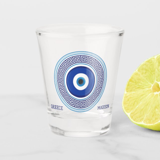 Custom Name & Text Greek Pattern Evil Eye Nazar Shot Glass (Front)