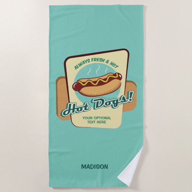 Custom Name & Text Hot Dog Beach Towel (Front)