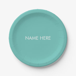 Custom name text minimalist light teal white paper plate