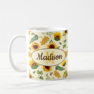 Custom Name Text Mug Sunflowers Honeycomb Bees