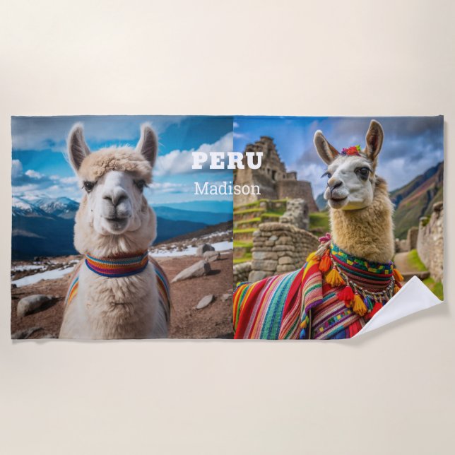 Custom Name & Text Peru Llama Beach Towel (Front)