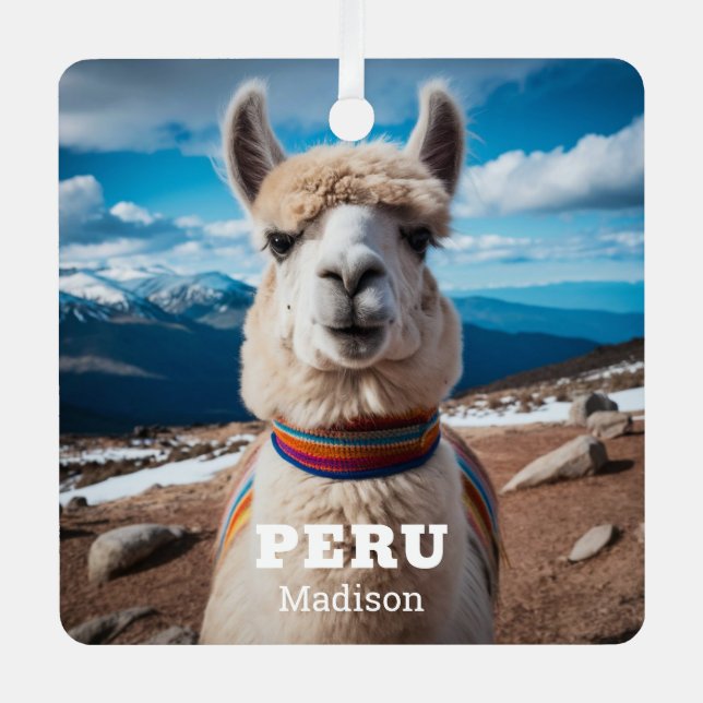 Custom Name & Text Peru Llama Metal Tree Decoration (Front)