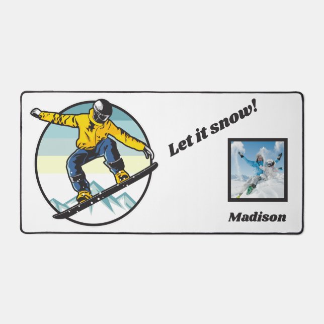 Custom Name, Text & Photo Snowboarder Desk Mat (Front)