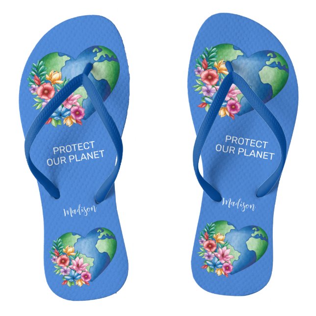 Custom Name & Text Planet Earth Heart Flip Flops (Footbed)