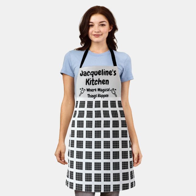 Custom Name & Text Quote Chequered Pattern Kitchen Apron (Worn)