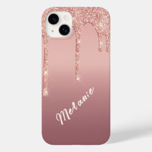 Custom Name Text Rose Gold Blush Glitter Drips Case-Mate iPhone 14 Plus Case
