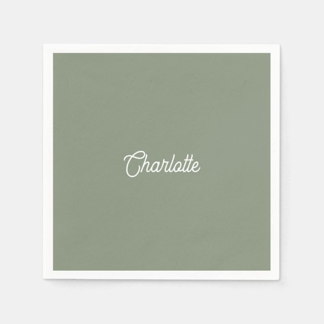 Custom name text Sage Green white minimalist Napkin (Front)