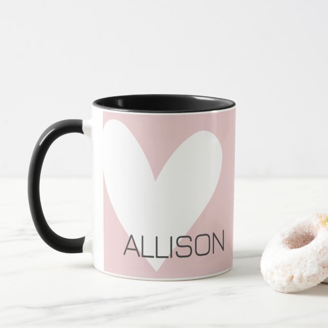 Custom Name Text Simple Huge White Heart Allison Mug (With Donut)
