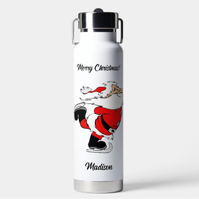 Custom Name & Text Skating Santa Water Bottle (Front)