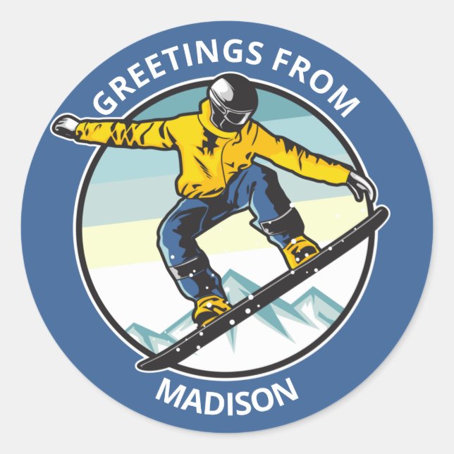 Custom name & text SNOWBOARDER Classic Round Sticker (Front)