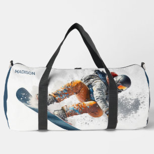 Custom Name & Text Snowboarder Illustration Duffle Bag