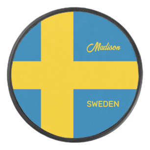 Custom Name & Text Swedish Flag Hockey Puck