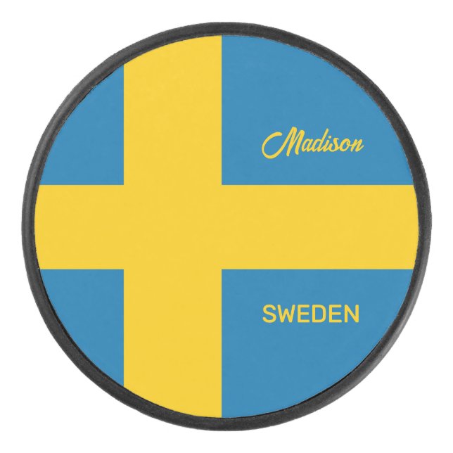 Custom Name & Text Swedish Flag Hockey Puck (Front)