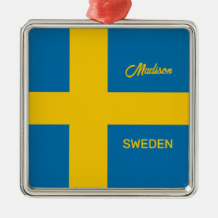 Custom Name & Text Swedish Flag Metal Tree Decoration