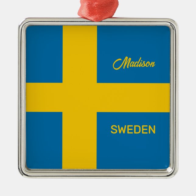 Custom Name & Text Swedish Flag Metal Tree Decoration (Front)