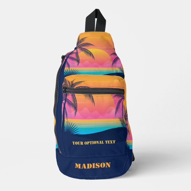 Custom Name & Text Tropical Island Sunset Sling Bag (Front)