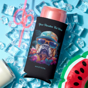 Custom Name & Text Tropical Vacation Dog Seltzer Can Cooler