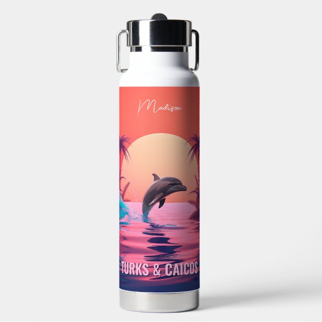 Custom Name & Text Turks and Caicos Dolphin Water Bottle (Front)