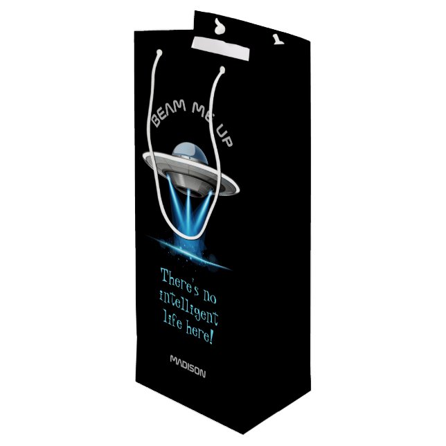 Custom name & text UFO Spaceship bottle gift bag (Back Angled)