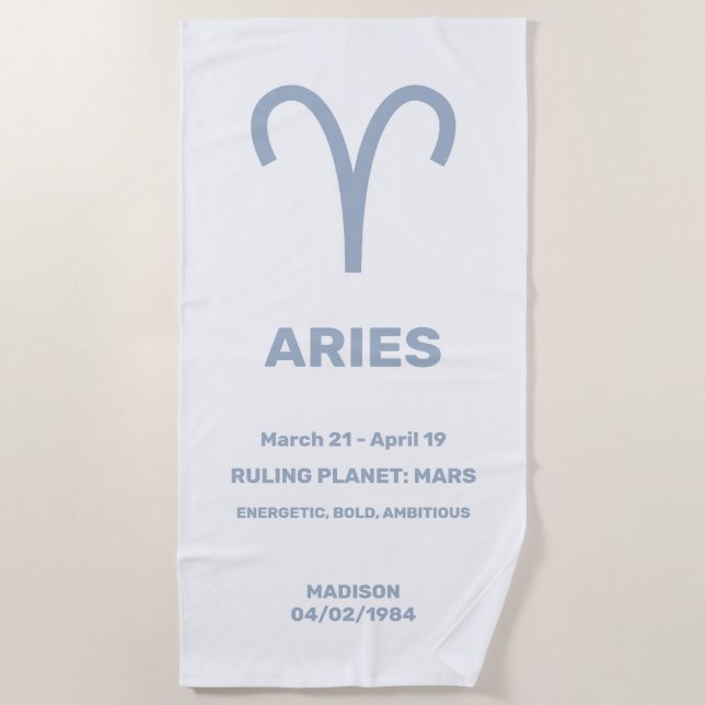 Custom Name / Text Zodiac Sign Aries Beach Towel (Front)