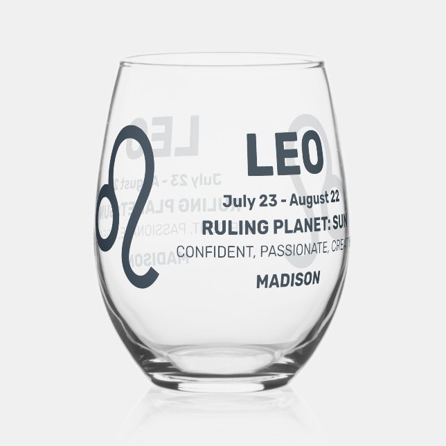 Custom Name / Text Zodiac Sign Leo Stemless Wine Glass (Front)