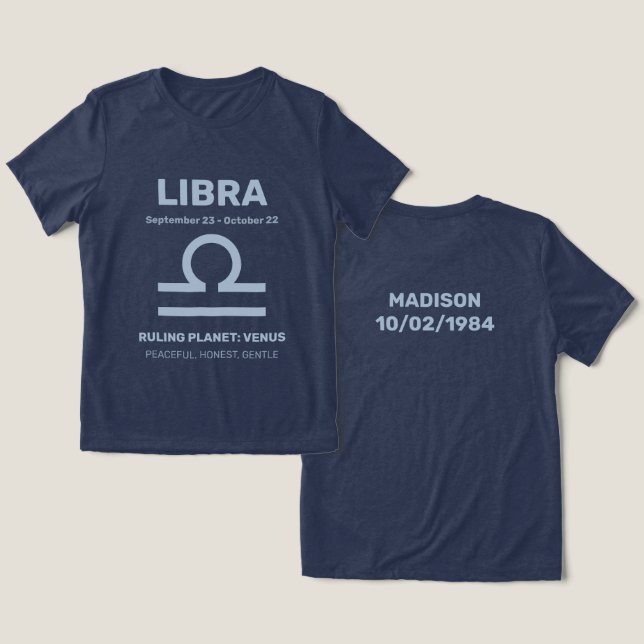Custom Name / Text Zodiac Sign Libra Tri-Blend Shirt (Design Front & Back)