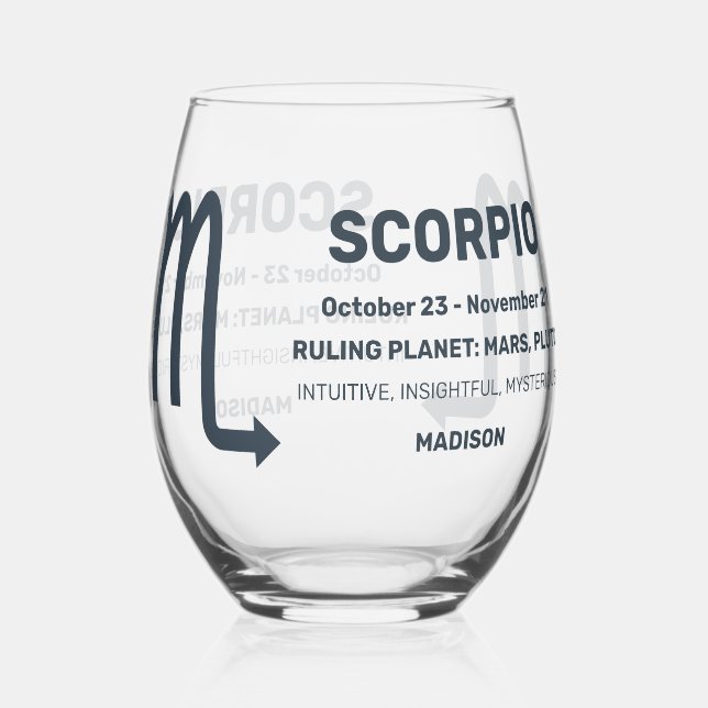 Custom Name / Text Zodiac Sign Scorpio Stemless Wine Glass (Front)