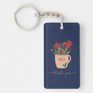 Custom Name Thank You at Christmas Poinsettias Key Ring